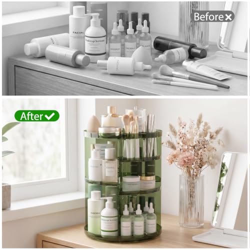 Rotating Makeup Organizer, DIY 8 Adjustable Layers Spinning Skincare Storage, Cosmetic Display Case with Brush Holder and Perfume Tray, Multi-Function Vanity Bathroom Countertop Organizer Clear Green - color: Clear Green