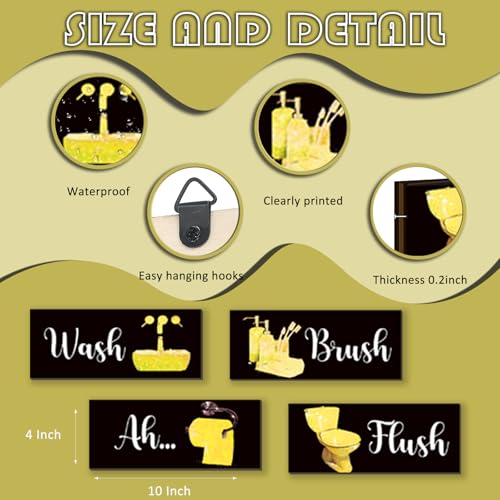 4 Pcs Yellow Bathroom Decor Funny Yellow And Black Wall Art Wooden Bathroom Accessories Modern Glitter for Home Toilet Decoration 10x4 Inches - color: Yellow, size: 10 X 4 Inch