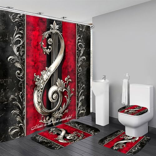 Chrainy 4pcs Musical Note Gothic Shower Curtain Set for Bathroom Red and Black Vintage Music Abstract Bathroom Decor Sets with Shower Curtain and Rugs,Accessories Bath Mat,U Shape and Toilet Lid Cover - color: Black
