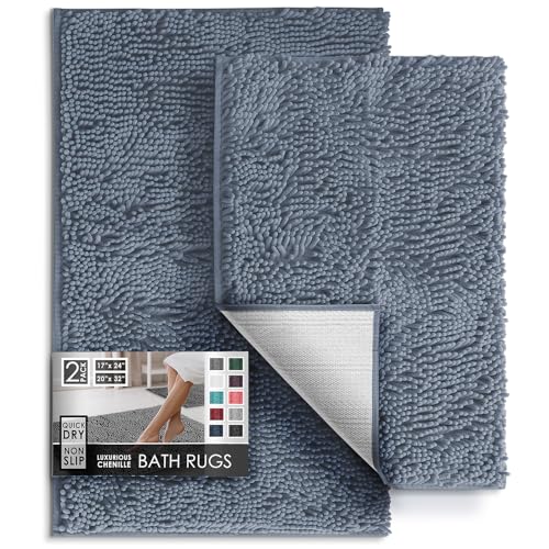 Hearth & Harbor Bathroom Rugs, Chenille Bath Mat - Machine Washable Bath Mats for Bathroom Non-Slip Backing Rubber, Quick Dry Bathroom Mat, 17 x 24 + 20 x 32 - Stone Blue - color: Stone Blue, style: 17 x 24 + 20 x 32