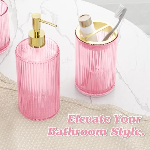 Pink Glass Bathroom Accessories Set 5 Piece, Vintage Ribbed Soap Dispenser, Toothbrush Holder, Tumbler, Qtip Jars, Cute Aesthetic Vanity Organizer for Home, Restroom Countertop Decor - color: Pink, size: 5 Pieces