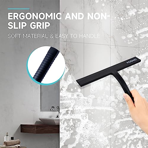 FOSHIO Shower Squeegee for Glass Doors with Suction Cup, Silicone Squeegee for Window Cleaning, Small Squeegee for Shower Glass Door, Window Squeegee with Stainless Steel Non-Slip Handle (Black)