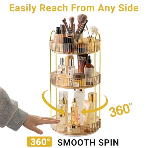 Asayuee 360 Rotating Makeup Organizer,3 Tier Large Capacity Make Up Organizers and Storage,Skincare Perfume Vanity Organizers,Bathroom Cosmetics Storage Organizer Countertop(Gold) - color: Gold, size: New-3 Tier