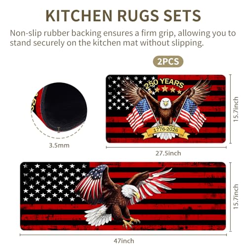 Flag Kitchen Rugs Set, Patriotic Anti-Fatigue Mats with American Flag & Eagle, 2-Piece Non-Slip Wipeable Rubber Mats, Washable Cushioned Rug for Sink Laundry, 15.7"×27.5" + 15.7"×47" - color: 250th-2, size: 15.7×27.5+ 15.7×47