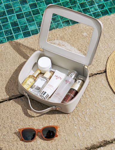 Popvibe Clear Makeup Bag Toiletry Case Travel Transparent Cosmetic Bag with Zipper, Portable Make Up Organizer Traveling Compact Car Bag for Essentials, Beige Grey - color: Beige Grey, style: Large Luxe