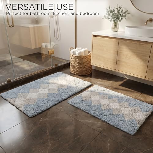 THE BEER VALLEY Set of 2 Albany Bath Rug 21x32/17x24 Inch - Blue | Non Slip Cotton Absorbent Bathmat for Bathroom, Washable Soft Toilet Bathrug - color: Blue Combo