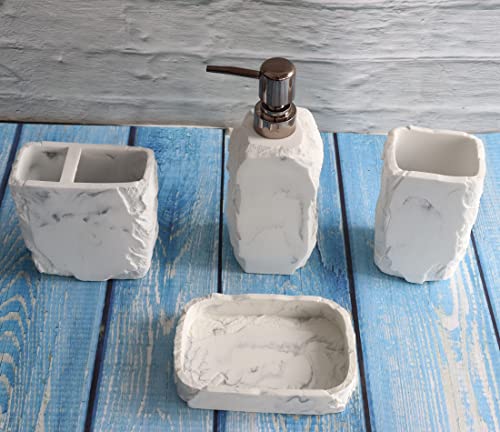 Hymmah Marble Bathroom Accessories Set,Marble Design Toothbrush Holder,Farmhouse Bathroom Decor,4 Pcs Resin Gift Set Apartment Necessities, Contain Toothbrush Cup,Soap Dispenser,Soap Dish,Tumbler - color: Marble White