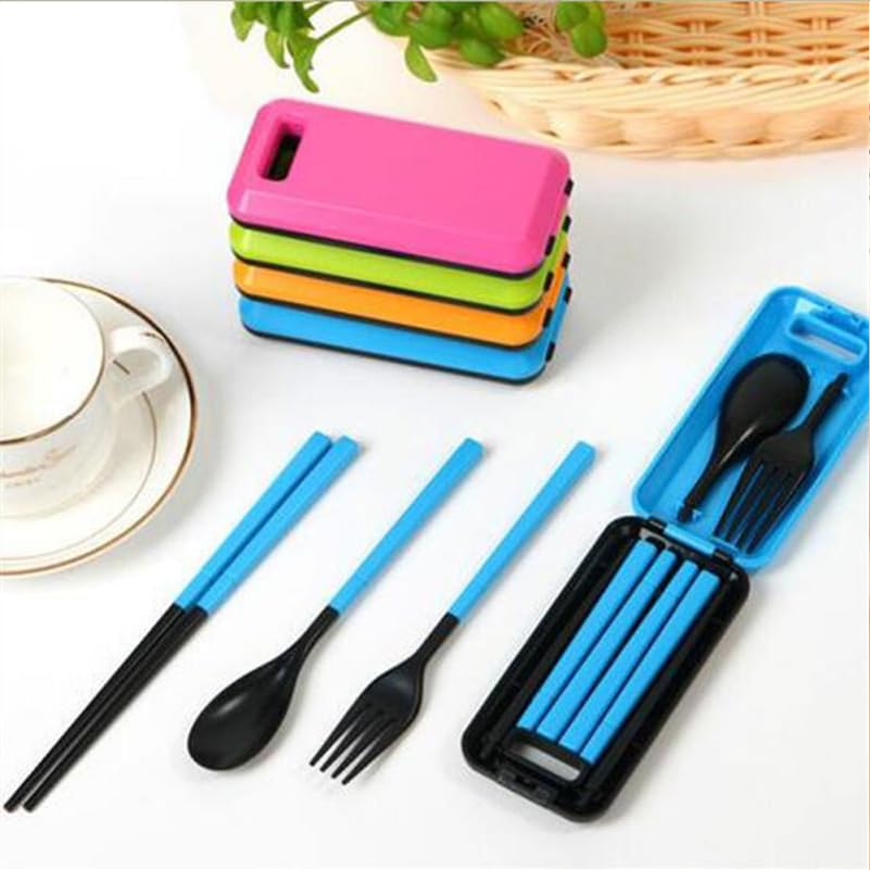 Unomor Portable Folding Tableware Set with Case 3-Piece Plastic Cutlery Set with Chopsticks Fork and Spoon Lightweight Travel Cutlery for Camping Outdoor Dining Lunch 4.72 X 2.36 X 0.90 in