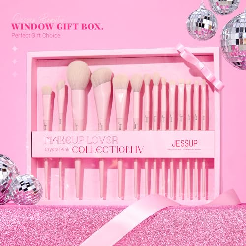 Jessup Pink Makeup Brushes Set 14Pcs Make up Brushes Premium Vegan Foundation Concealer Blush Eyeshadow Eyeliner Powder Highlighter Blending Face Brush Set with Gift Box, T495-G - color: J-Pink Gift, size: Full Brush Set