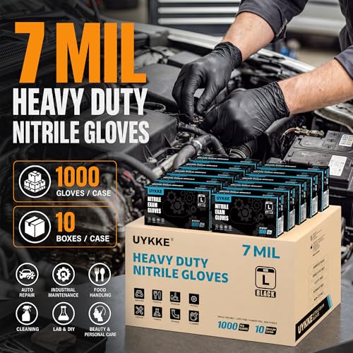 HEAVY DUTY 7 Mil Nitrile Black Gloves Disposable Latex Free Rubber Latex Cleaning Mechanic Food Prep Gloves 1000PCs - size: Large