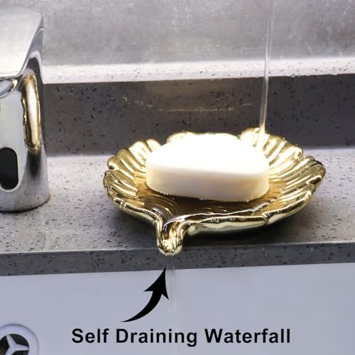 Gold Leaf Bathroom Soap Dish,Ceramic Soap Dish Holder in Palm Leaf Style,Self Draining Design and Used to Hold Various Small Bathroom and Kitchen Accessories - color: Gold