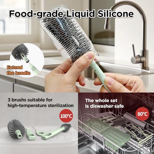 YOTIME Travel Bottle Brush Set, Auto-Open Rack & Vertical Brushs Drying Slots, 3 Brushes, Foldable Drying Rack, Dispenser, Travel Baby Essentials for On-The-Go Parents, Transparent Green - color: Transparent Green