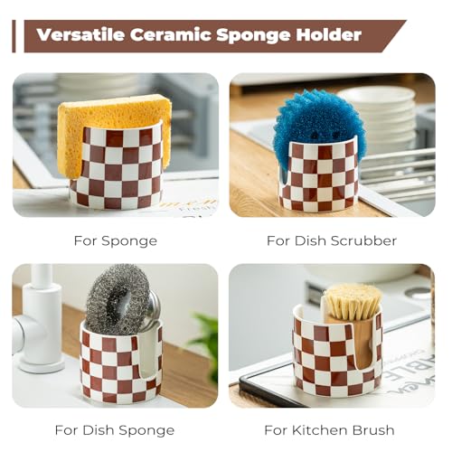 Checkered Sponge Holder for Kitchen Sink, Ceramic Dish Sponge Drying Caddy Scrubby Holder Kitchen Organizer Cute Dish Rack for Sink Counter, Brown and White - color: Brown and White, size: Cylindrical