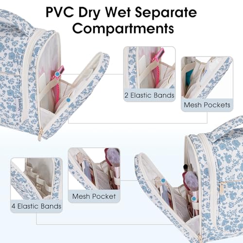 Narwey Hanging Toiletry Bag for Women Travel Makeup Bag Organizer Toiletries Bag for Cosmetics Essentials Accessories - color: Z-Little Blue Flower