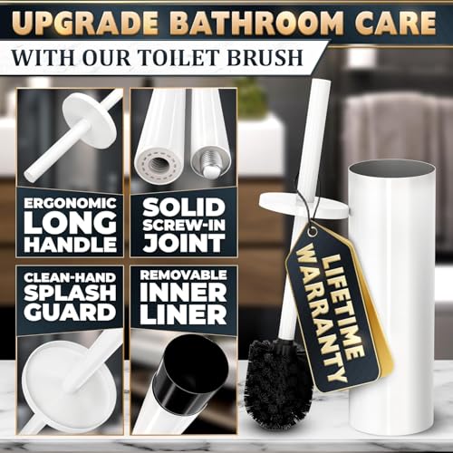 Stainless Steel Toilet Brush and Holder Set White - Long Handle Toilet Bowl Cleaner Brush and Holder - Removable Inner Liner, Shiny Design, Splash Protection & Dense Bristles for Bathroom Cleaning - color: White 2 Pcs