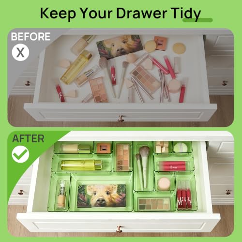 Vtopmart 25 PCS Clear Plastic Drawer Organizers Set, 4-Size Versatile Bathroom and Vanity Drawer Organizer Trays, Storage Bins for Makeup, Bedroom, Kitchen Gadgets Utensils and Office - color: Clear Green