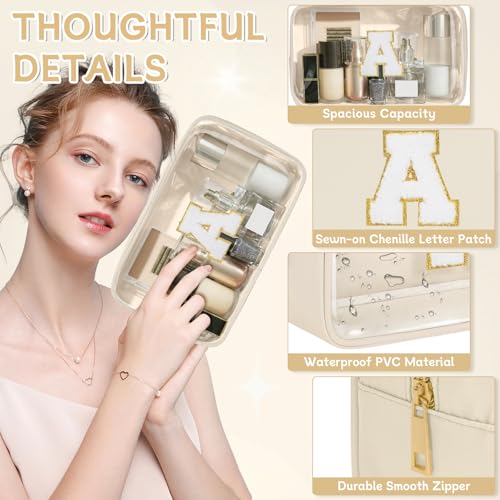 Initial Clear Makeup Bag, Birthday Gift Preppy Chenille Patch Cosmetic Bag, Initial Travel Essentials Beach Toiletry Pouch, Ideal Gift for Teachers & Moms, Women and Girls (Beige, A) - color: Beige, style: A