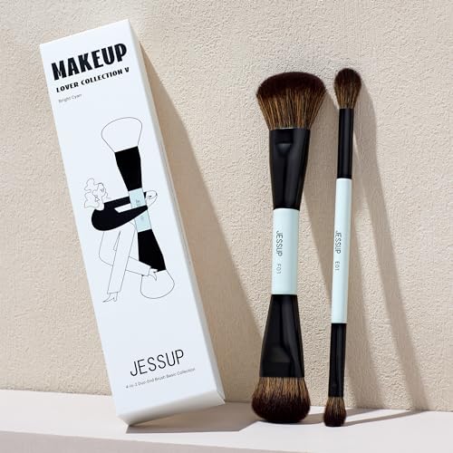 Jessup Makeup Brushes 2pcs Double Sided Foundation Brush Contour Brush Dual Ended Eye Blending Brush, Multi-functional Cosmetic Brush Bright Cyan T502 - style: 2pcs-T502