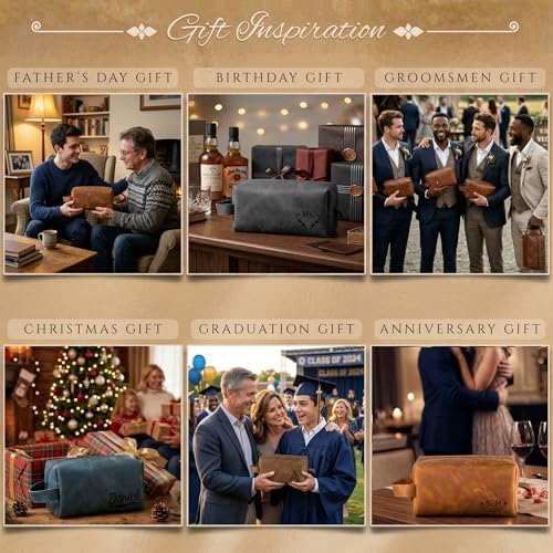 Personalized Leather Toiletry Bag for Men - Handmade Custom Travel Size Dopp Kit, Gift for Graduation, Husband, Boyfriend, Birthday, Wedding, Anniversary, Groomsmen, Grandpa, Him, Father’s Day Gifts