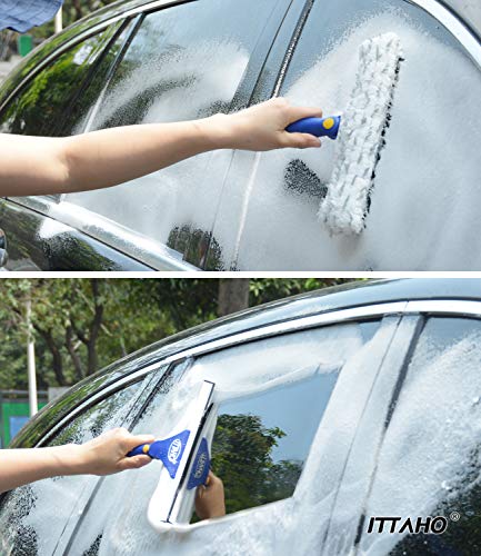 Window Squeegee with Extension Pole, Separate 12" Squeegee & 11" Microfiber Scrubber Heads, Window Cleaning Kit for Hard-to-Reach Windows, Shower Doors, Car Windshields, Indoor Outdoor-2 Pads - color: Blue, size: 12" Squeegee