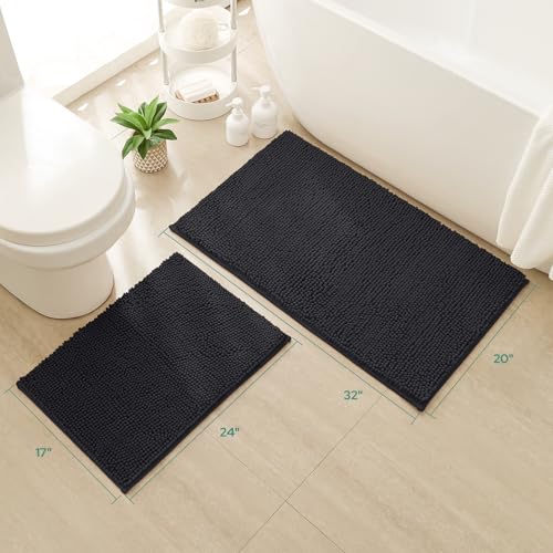 HOMEIDEAS 2 Pieces Bathroom Rugs, Non Slip Absorbent Chenille Toilet Bath Mat Set (Black) - color: Black-black, size: 1'5" x 2'8" (Rectangular 20"x32"+17"x24")