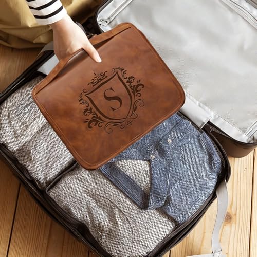 Personalized 3-in-1 Hanging Toiletry Bag Fathers Day Birthday Gifts for Men Dad Husband, Custom Initial Large Waterproof PU Leather Dopp Kit Shaving Bag Travel Essential for Him Light Brown Y - color: Light Brown, style: Y