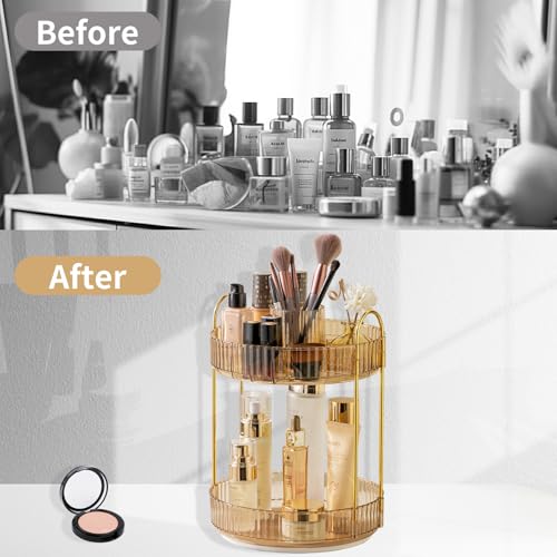 Asayuee 360 Rotating Makeup Organizer,2 Tier Large Capacity Make Up Organizers and Storage,Skincare Perfume Vanity Organizers,Bathroom Cosmetics Storage Organizer Countertop(Gold) - color: Gold, size: New-2 Tier