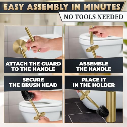 2 PCS Gold Toilet Brush and Holder Set - Brushed Stainless Steel Gold Toilet Bowl Brush and Holder with Replacable Head, Removable Inner Bowl, and Splash Protection - Dense Bristles for Cleaning - color: Gold 2 Pcs