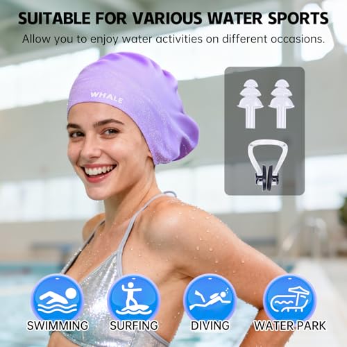 WHALE Extra Large Swim Cap Designed for Men and Women with Thick, Long Hair, Hair Extensions Or Afro-Textured Hair Long-Hair Swim Cap Highly Waterproof to Keep Hair Dry - color: Light purple