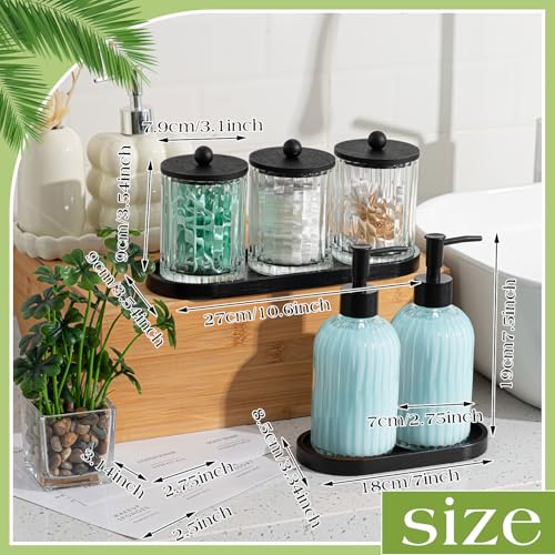 Yaomiao 5 Pack Glass Bathroom Accessories Set, Clear Striped Soap Dispenser, Toothbrush Holder, Cotton Swab Jars with Lids and Vanity Tray for Modern Sink Countertop Decor - color: Clear, style: Striped