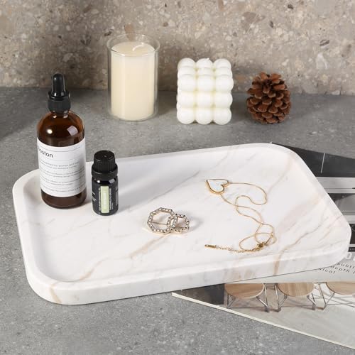 Karibiber Marble Vanity Tray, Marble Bathroom Tray Countertop, Decorative Trays for Dresser Organizer, White Stone Storage Serving Trays for Kitchen, Perfume, Jewelry Cathall Holder, Unique Veining - color: Greece-white