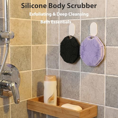 MtBoi 2 Pack Silicone Exfoliating Body Scrubber with Handle, Soft Silicone Loofah for Sensitive Skin, Body Brush & Shower Head Massager with Hanging Loop, Easy to Clean, Rich Lather (Black&Purple) - color: Black&purple