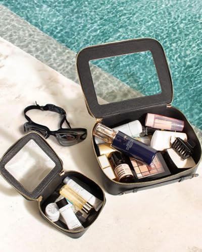Travel Clear Makeup Bag Set, TSA Approved Cosmetic Bag Case with Zipper Portable Makeup Pouch Toiletry Bag Traveling Cosmetic Organizer Storage Bag Car Organizer Car Essentials - color: Mini + XL Luxe Black