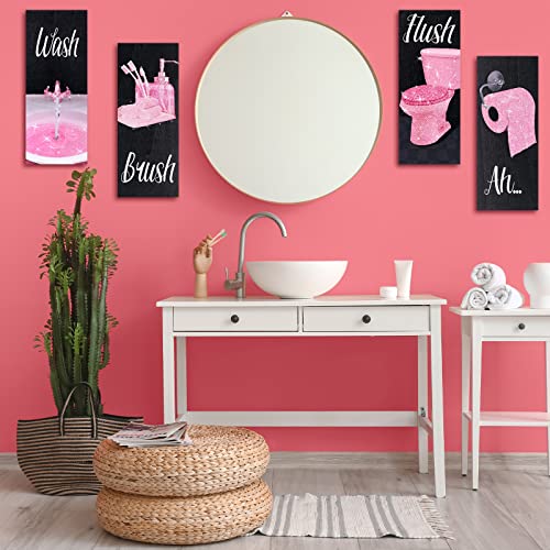 Chinco 4 Pcs Women Funny Wall Art Bathroom Decor 9.84 x 3.94 x 0.2 Inch Glam Bathroom Wall Decor Modern Women Funny Bath Wood Hanging Decoration for Home (Pink) - color: Pink