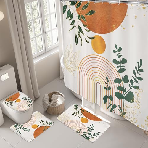 Riyidecor Mid Century 4Pcs Bathroom Shower Curtain Sets Abstract Aesthetic Geometric Bathroom Decor Set with Rugs and Accessories Modern Minimalist Toilet Lid Rug, Contour and Bath Mat with 12 Hooks - color: 05orange