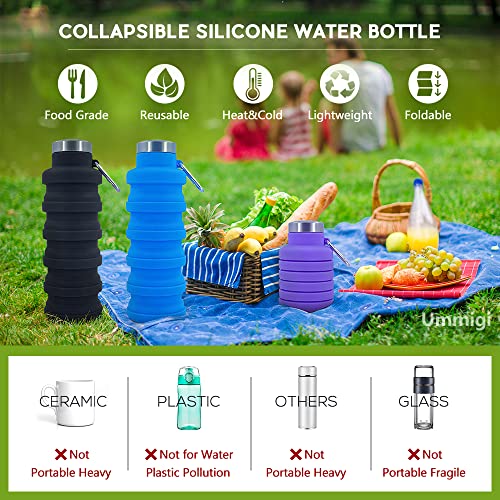Collapsible Water Bottles，3 pack BPA Free Travel Silicone Water Bottle with Carabiner，17oz Reusable Foldable Lightweight Portable Sports Water Bottle for Travel Gym Camping Hiking - color: Black + Blue + Purple