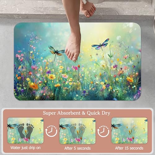 Non Slip Bath Mat,Dragonfly Bathroom Decor,Colorful Flowers Diatomaceous Bath Mat Quick Dry Absorbent Bathroom Rugs-Shower Rug for Kitchen Laundry Bathtub Shower 17"x29.5" - color: Dragonfly,colorful Flowers