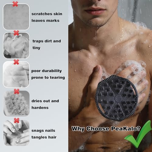 Silicone Body Scrubber for Men Women, Dual-Sided Bath Brushes Gentle Exfoliating Body Scrubber Scalp Massager for Deep Cleansing, Soft Silicone Loofah Body Washing Brushes (Black) - color: Black