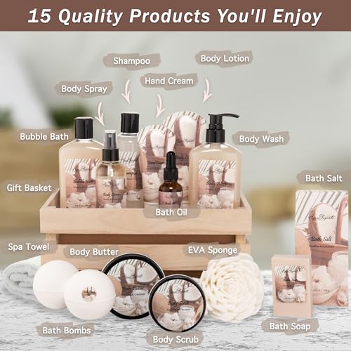Aqua Elegante Full Spa Gift Set - 15 Piece Premium Bath Basket with Wash, Bubbles, Lotion, Salts, Body Scrub, Towel, Shower Puff, Bathbombs, Reusable Basket, Gifts for Women - Coconut & Vanilla - size: 15 Piece Set
