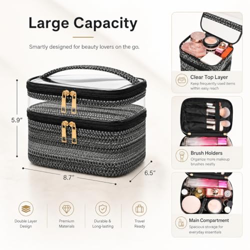 Woven Faux Leather Travel Makeup Bag for Women, Cosmetic Organizer with Clear PVC Top, Large Capacity Toiletry Bag (Black) - color: 03-Black