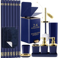 XLHOMO Bathroom Sets with Shower Curtain and Rugs Bathroom Accessories Set Navy Blue Bathroom Set,Soap Dispenser & Toilet Brush Holder Set with Stainless Steel Trash Can - size: Navy blue, style: Bath Set+Shower Curtain+Bath Rugs