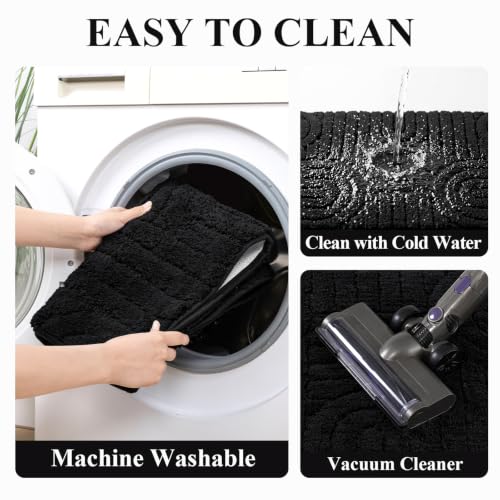 Vaukki Bathroom Rugs Sets 3 Piece, Black Washable Non Slip Soft Bath Mats for Shower and Tub, Plush Absorbent Microfiber Toilet Rug U Shaped, 48x20+26x18+24x20 Inch - color: Black, size: 18''x26''+20''x48''+20''x24''