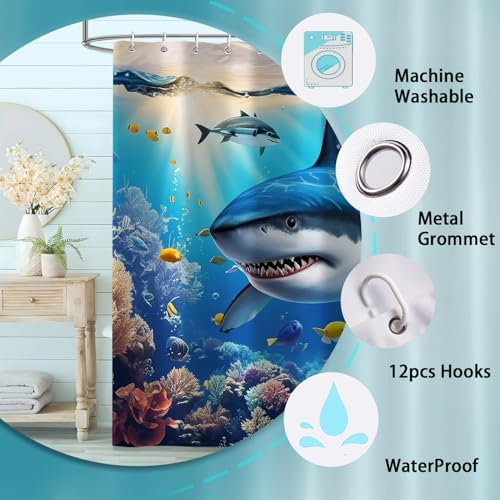 4Pcs Shower Curtain Set, Shark Blue Ocean Themed Bathroom Shower Curtain with Rugs and Accessories,with Non-Slip Rugs, Toilet Lid Cover and Bath Mat for Bathroom Decor Set - color: Shark