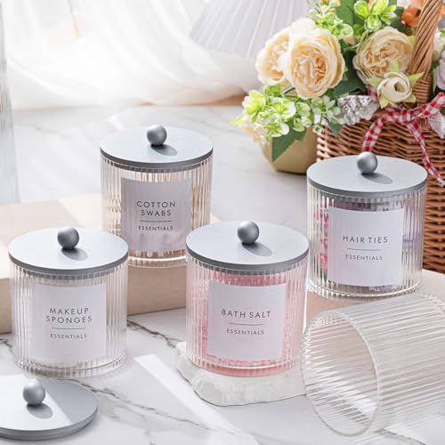 Yaomiao 6 Pcs Ribbed Bathroom Canisters Apothecary Jars with Silver Bamboo Lids and Label Stickers, 18 oz Plastic Canister with Fluted Design for Cotton Ball, Swab, Floss Picks House Storage - color: Silver