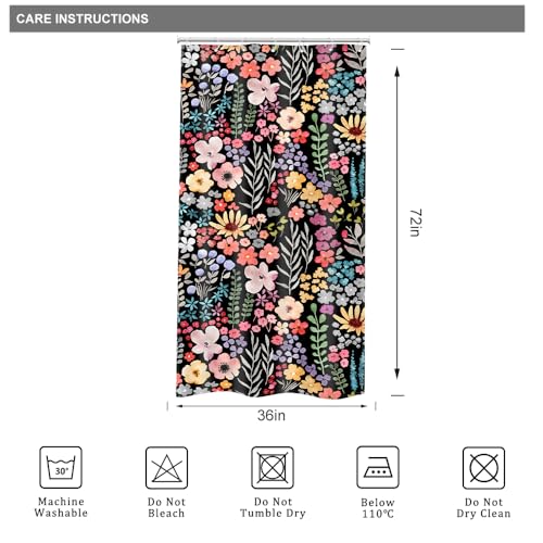 Riyidecor Small Stall Shower Curtain for Bathroom Decor 36Wx72H Rv Narrow Half Single Floral Stand Up Colorful Black Flowers Leaves Art Printed Fabric Polyester Waterproof 7 Pack Plastic Hooks - color: E-black, size: 36"W x 72"L (Pack of 1)