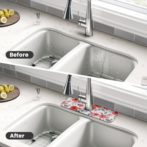 Kitchen Sink Splash Guard Faucet Mat, Flowers Red Pink Diatom Mud Absorbent Draining Mat For Kitchen Sink Bathroom - color: Flowers Red Pink, size: One Size