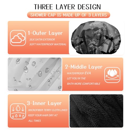Luxury Shower Cap Terry Lined Reusable Triple Layer Waterproof Hair Elastic Caps Shower Bath Hat for Women Girls Cute Aesthetic-Black Bat - color: AL12-Black Bat