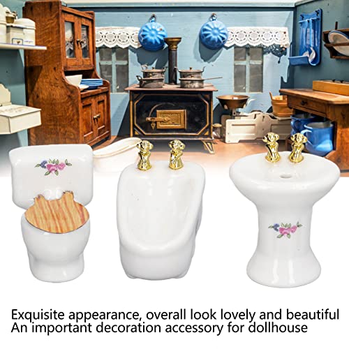 1:24 Dollhouse Miniature Bathroom Set, Ceramic Simulation Bathtub Toilet Sink, Miniature Furniture, Mini Ceramic Bathroom Furniture Set for Dollhouse Restroom Decoration (Flower Pattern)