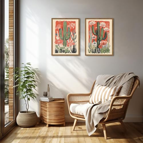 Framed Mexican Cactus Canvas Wall Art Set of 2, Vintage Desert Floral Pictures Wall Decor Paintings, Boho Southwestern Botanical Prints for Living Room Bedroom Bathroom Office Home Decor 16x24 inch - color: Red, size: 24"L x 16"W