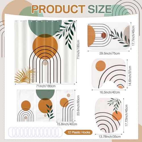 Haull 7 Pcs Boho Abstract Shower Curtain Set with Non-Slip Rugs Toilet Lid Cover Bath Mat Towels, Mid Century Modern Geometric Leaf Minimalist Bathroom Decor for Home Bathroom Set with 12 Hooks - style: Boho